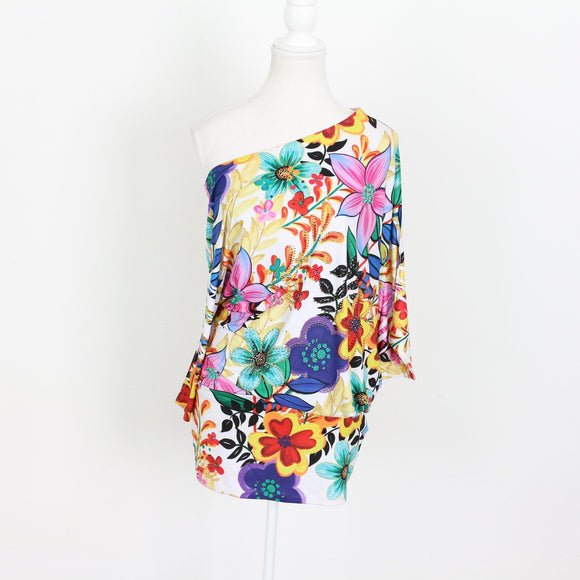Bright Floral Print One-Shoulder Blouse - Size S