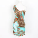 Party 21 Blue and Leopard Print Dress with Gold Chain Detail - Size L-1