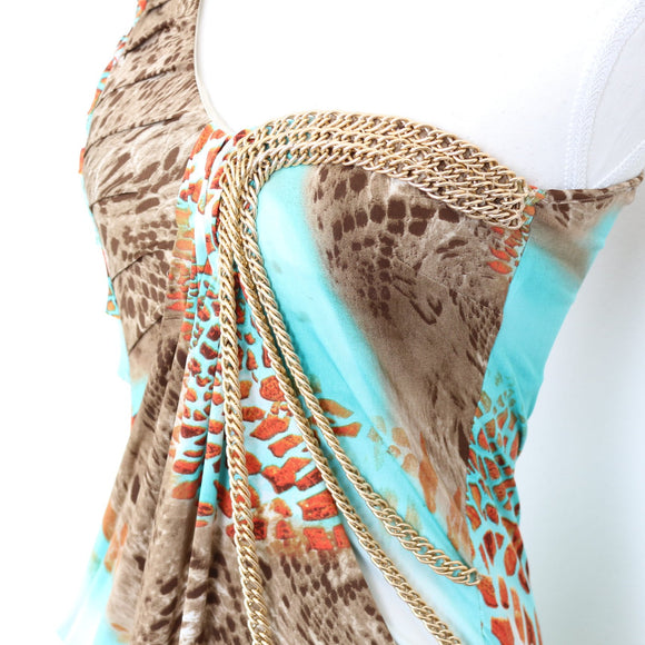 Party 21 Blue and Leopard Print Dress with Gold Chain Detail - Size L