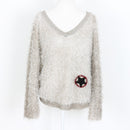 Grey Fluffy V-Neck Jersey with Iron-On Details - Size M-1