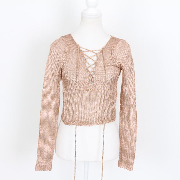 Missguided Rose Gold Metallic Tie-Up Jersey - Size M